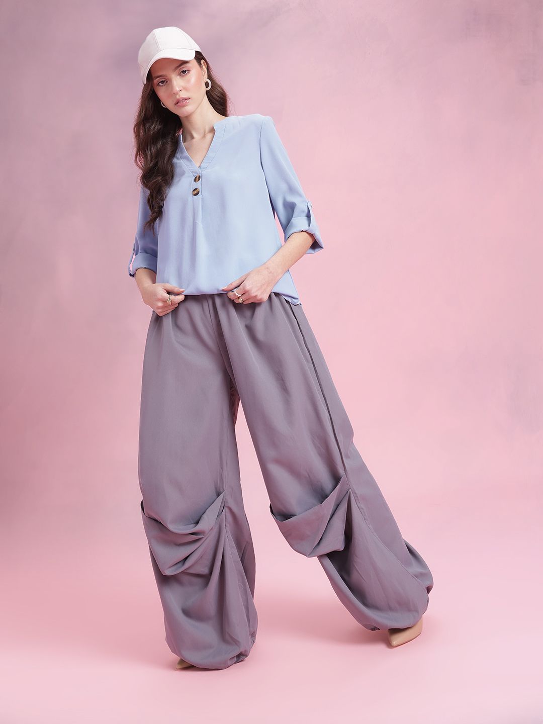 DressBerry Mandarin Collar Roll-Up Sleeves Longline Top