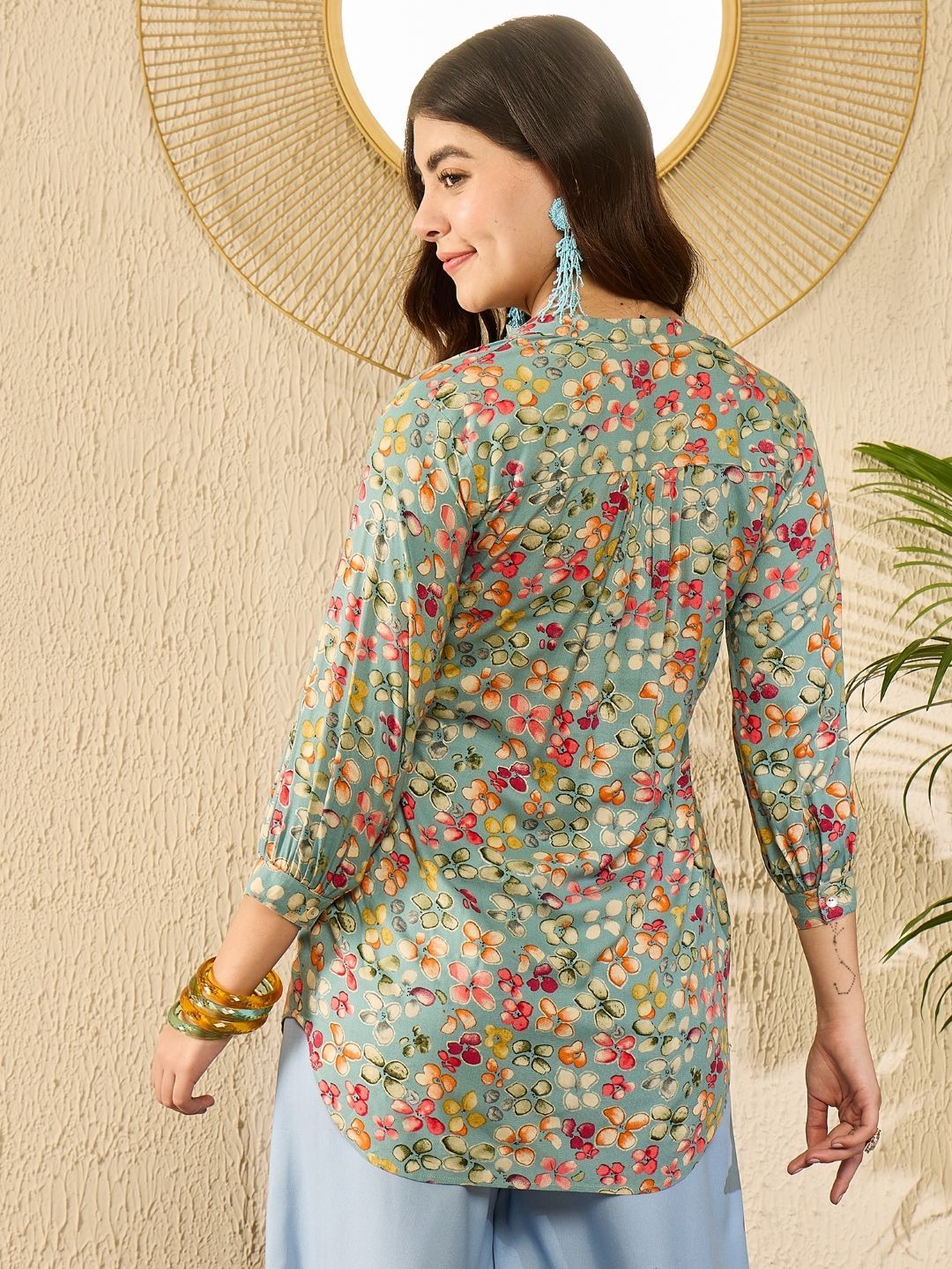 KALINI Women Floral Printed Cuffed Sleeves Mandarin Collar Top