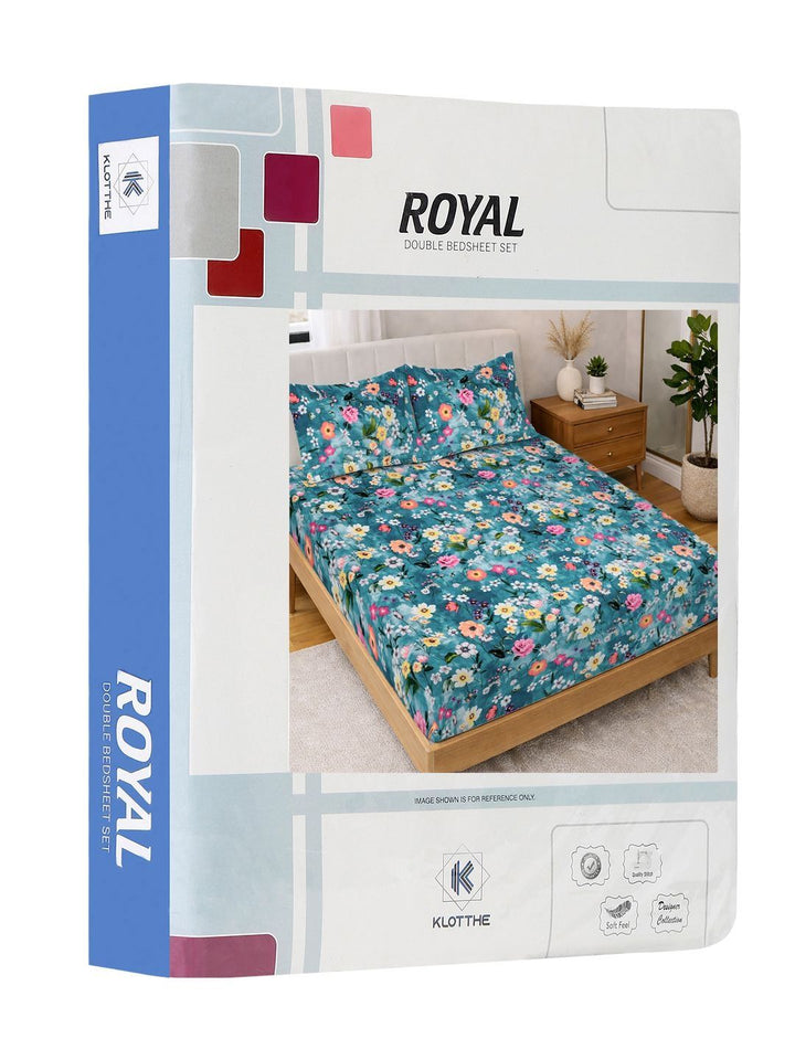 KLOTTHE Blue & Yellow Printed 300 TC Double Bedsheet With 2 Pillow Covers- 2.5 m x 2.25 m