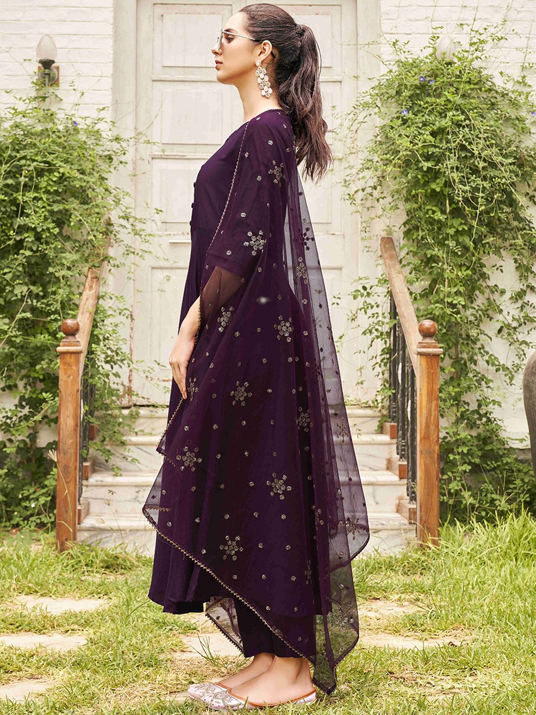 Tikhi Imli Round Neck Anarkali Kurta with Trousers & Dupatta