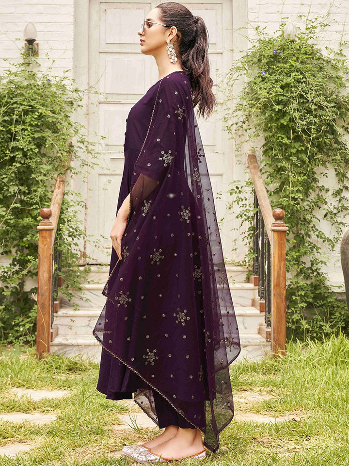 Tikhi Imli Round Neck Anarkali Kurta with Trousers & Dupatta