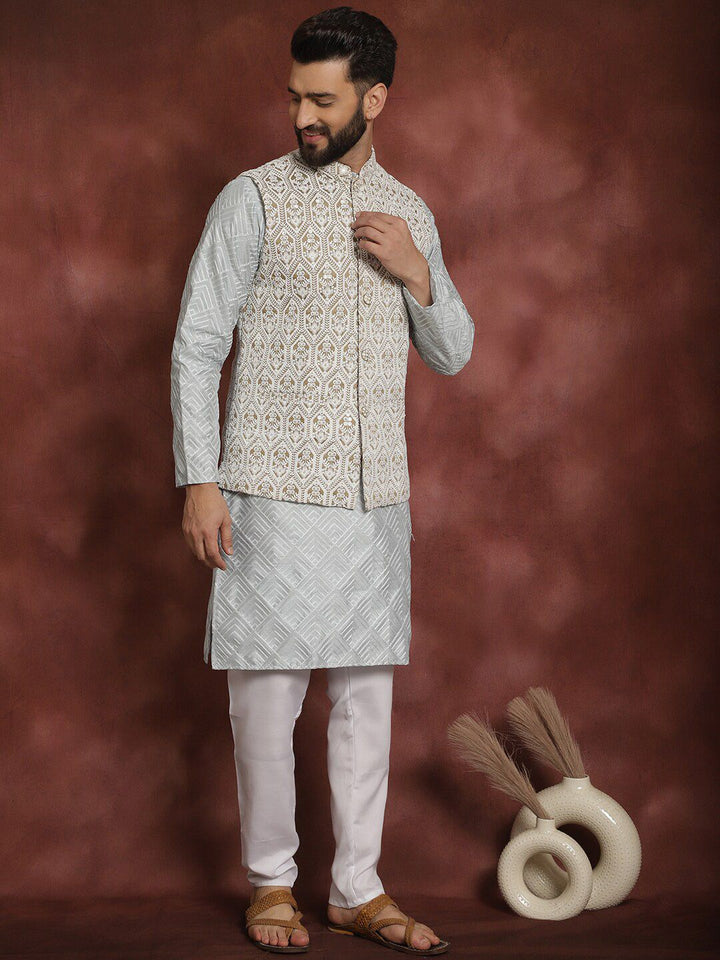 Anouk Embroidered Regular Thread Work Kurta With Churidar & Nehru Jacket
