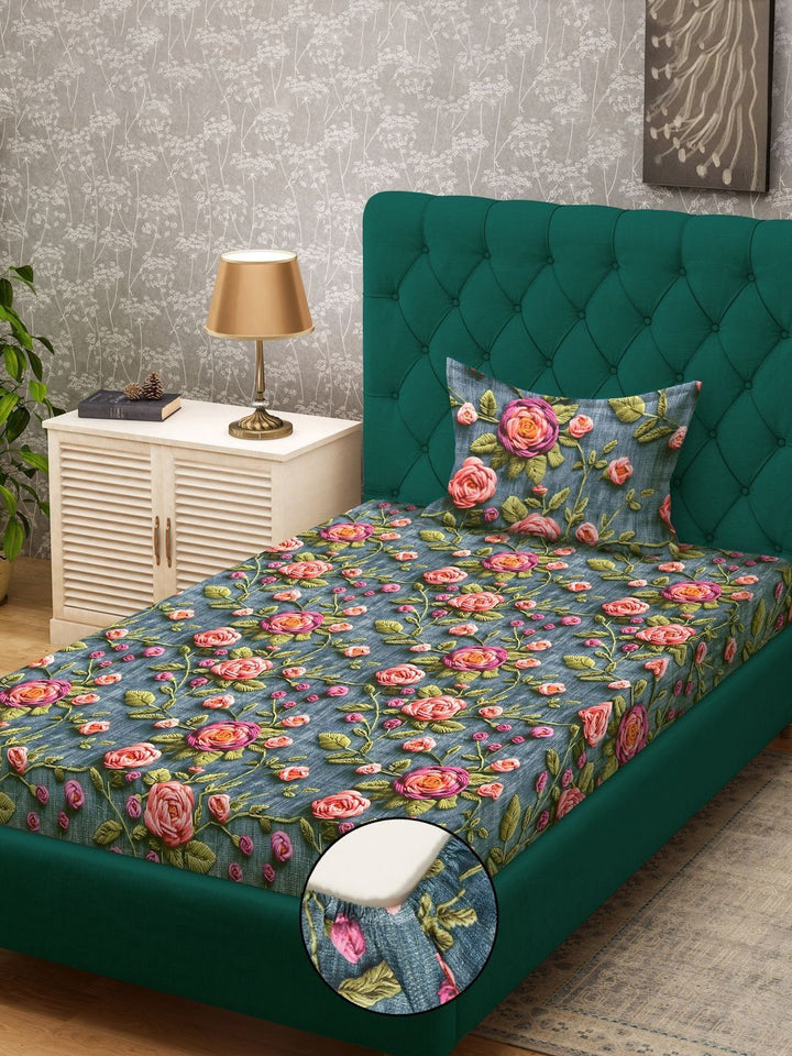KLOTTHE Turquoise Blue Floral Printed Fitted 300 TC Single Bedsheet With Pillow Cover