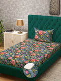 KLOTTHE Turquoise Blue Floral Printed Fitted 300 TC Single Bedsheet With Pillow Cover