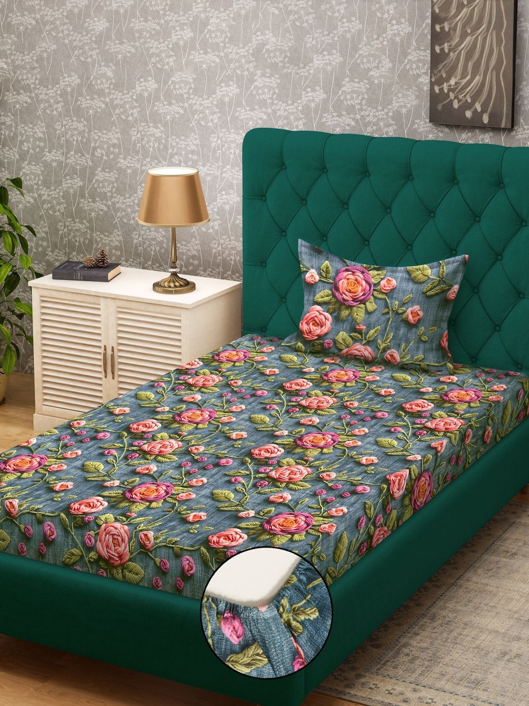 KLOTTHE Turquoise Blue Floral Printed Fitted 300 TC Single Bedsheet With Pillow Cover