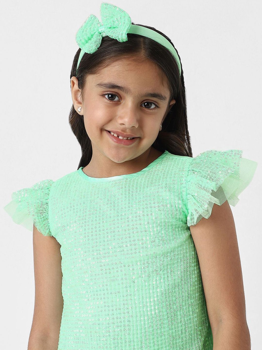 Nauti Nati Girls Green Mesh Embellished Sequin Party Frock With Headband