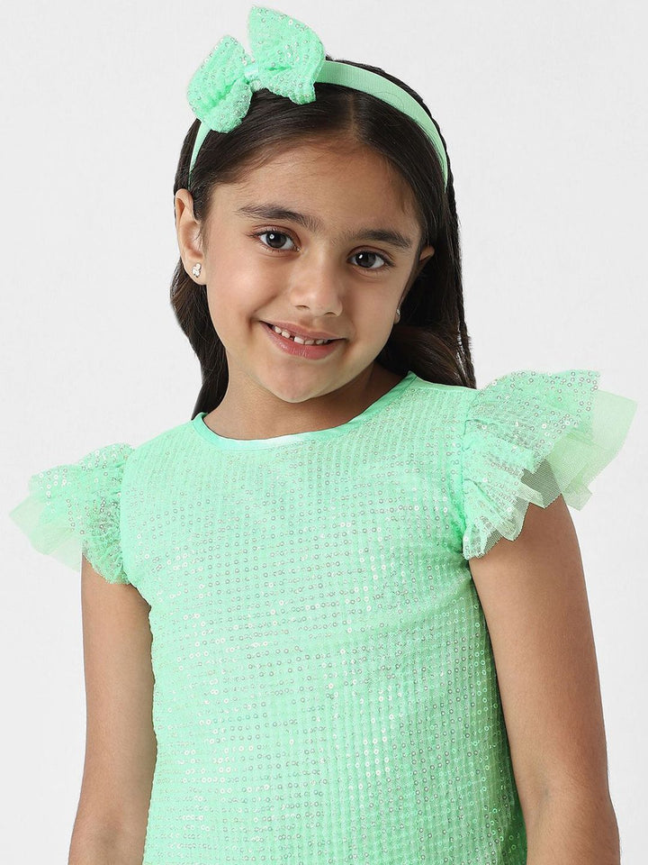 Nauti Nati Girls Green Mesh Embellished Sequin Party Frock With Headband