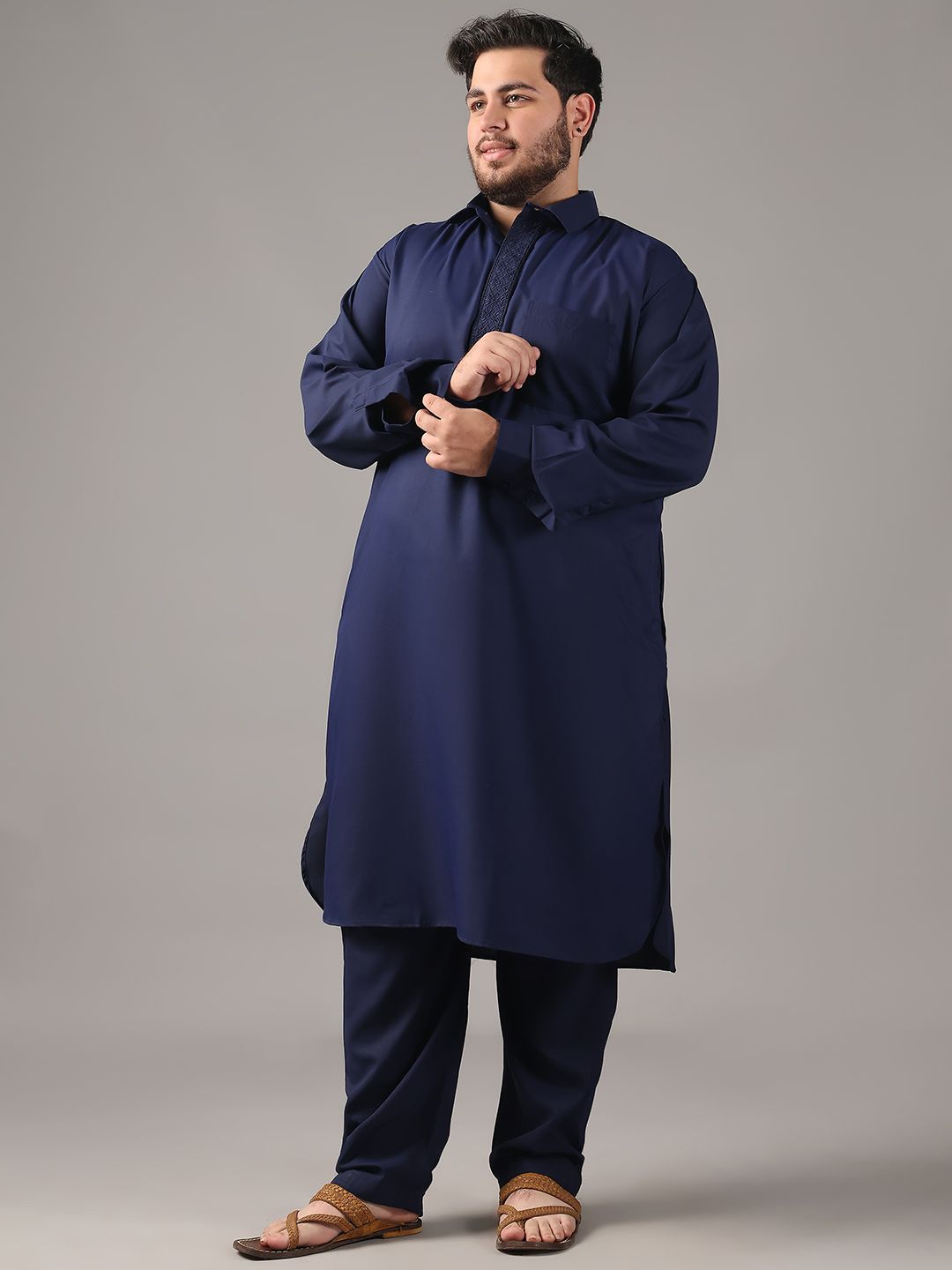 SOJANYA PLUS Plus Size Men Shirt Collar Thread Work Straight Kurta With Salwar