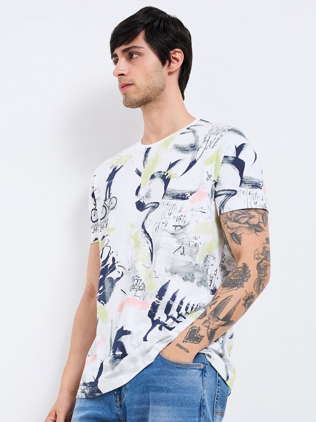 SPYKAR Men Abstract Printed Round Neck Cotton Slim Fit T-shirt
