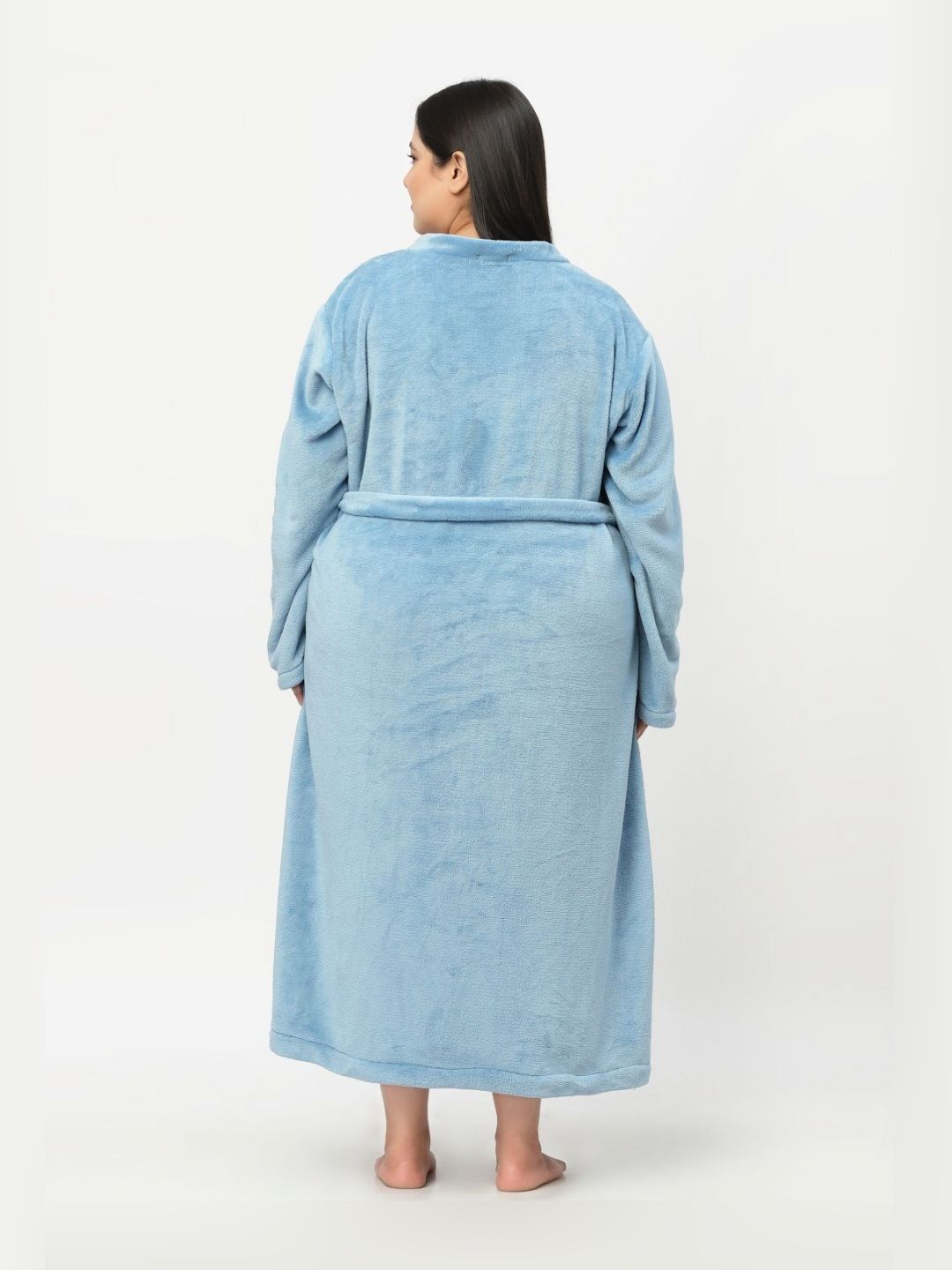 KLOTTHE Plus Size Blue Woollen Long Sleeves Bath Robe With Belt