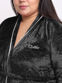 KLOTTHE Plus Size Black & White Woollen Long Sleeves Bath Robe With Belt