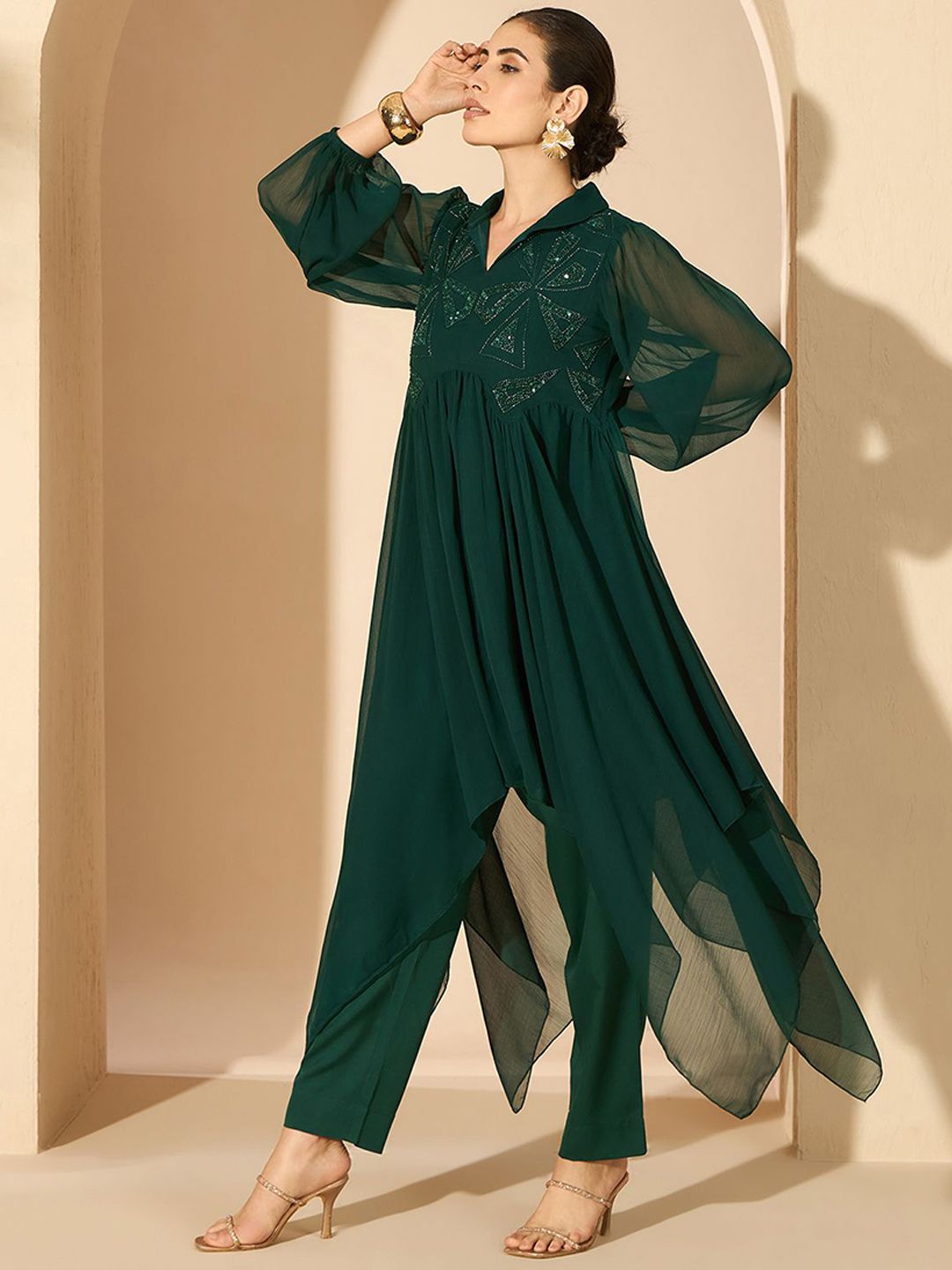 Antheaa Green Embellished Shirt Collar Tunic & Trousers