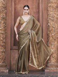 Tikhi Imli Solid With Embroidered Border Polyester Saree