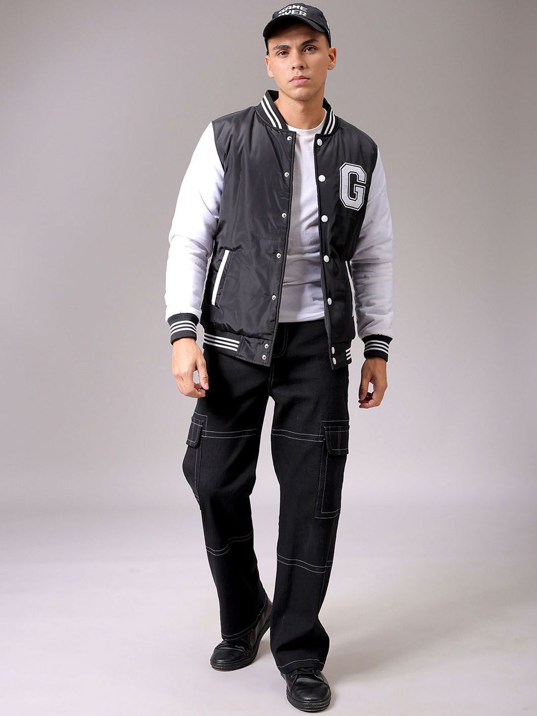 The Indian Garage Co Men Stand Collar Typography Printed Casual Varsity Jacket