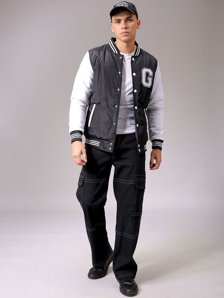 The Indian Garage Co Men Stand Collar Typography Printed Casual Varsity Jacket
