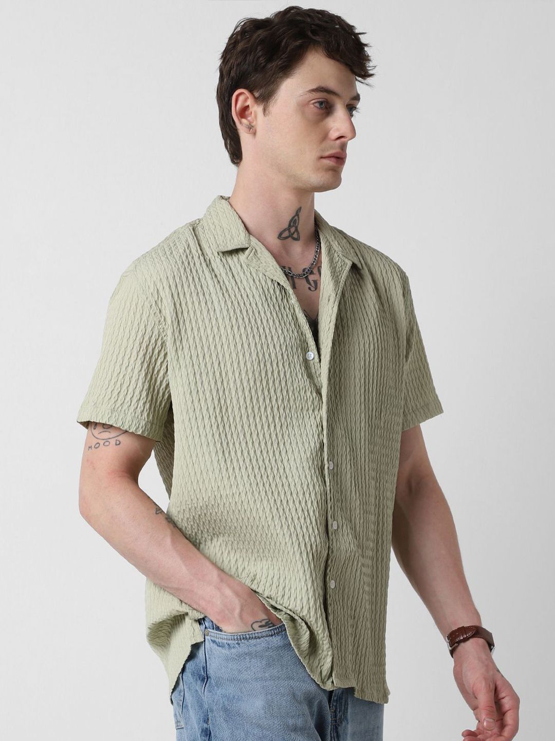 VASTRADO Men Classic Cuban Collar Popcorn Texture Oversized Casual Shirt