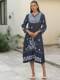 House of Chikankari Chikankari Pepejal A-line Pakaian Panjang Wanita-Gaun Biru Tua