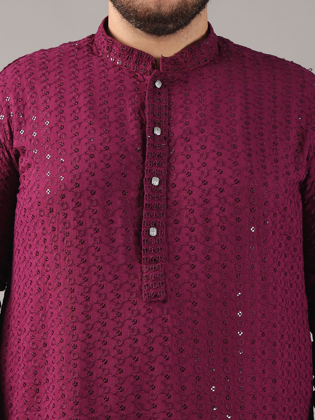 SOJANYA PLUS Plus Size Lelaki Motif Etnik Sulam Kapas Tulen Kurta Lurus & Piyama