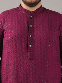 SOJANYA PLUS Plus Size Lelaki Motif Etnik Sulam Kapas Tulen Kurta Lurus & Piyama