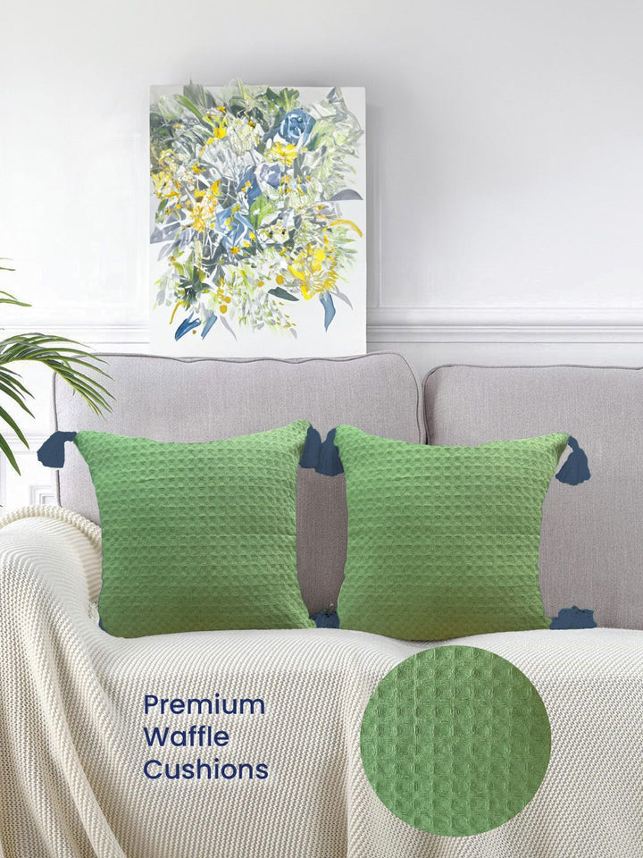 URBAN SPACE Green & Blue 2 Pieces Checked Pure Cotton Square Cushion Covers