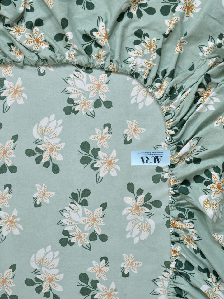 Aura Green & White Floral 300 TC Fitted Single Bedsheet Set 2.25 m x 1.50 m