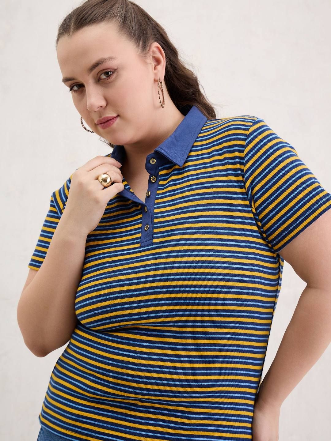 SASSAFRAS Curve Women Striped Polo Collar Pockets T-shirt