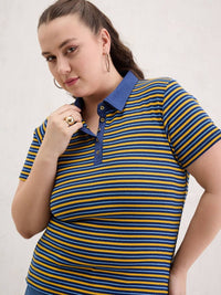SASSAFRAS Curve Women Striped Polo Collar Pockets T-shirt