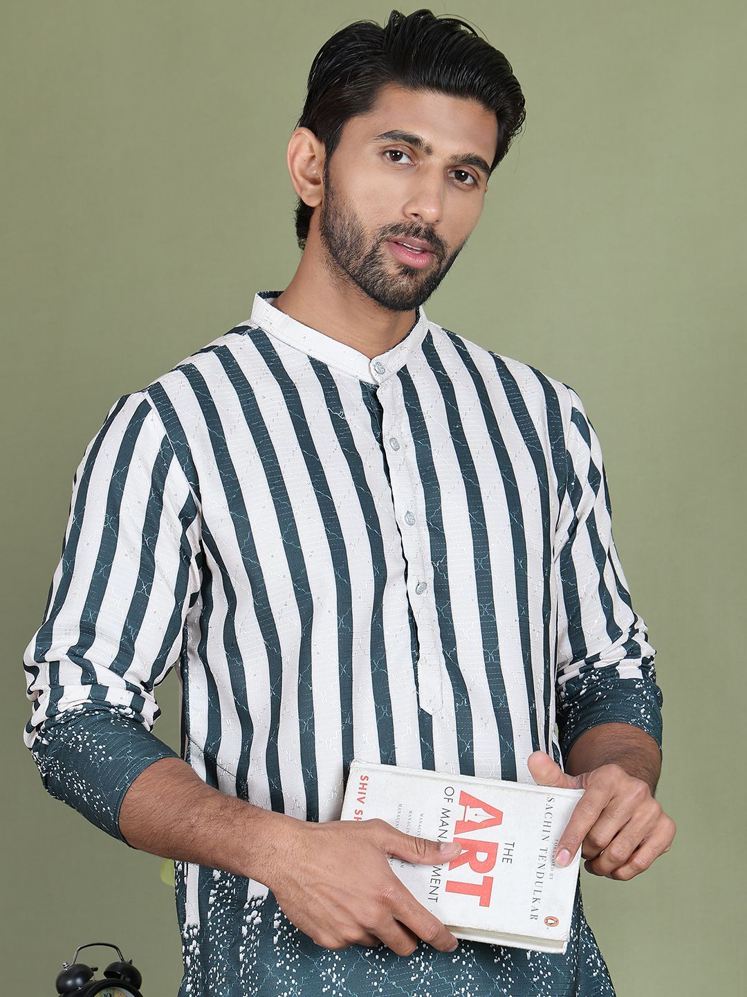 Jompers Striped Printed Band Collar Straight Kurta With Trouser