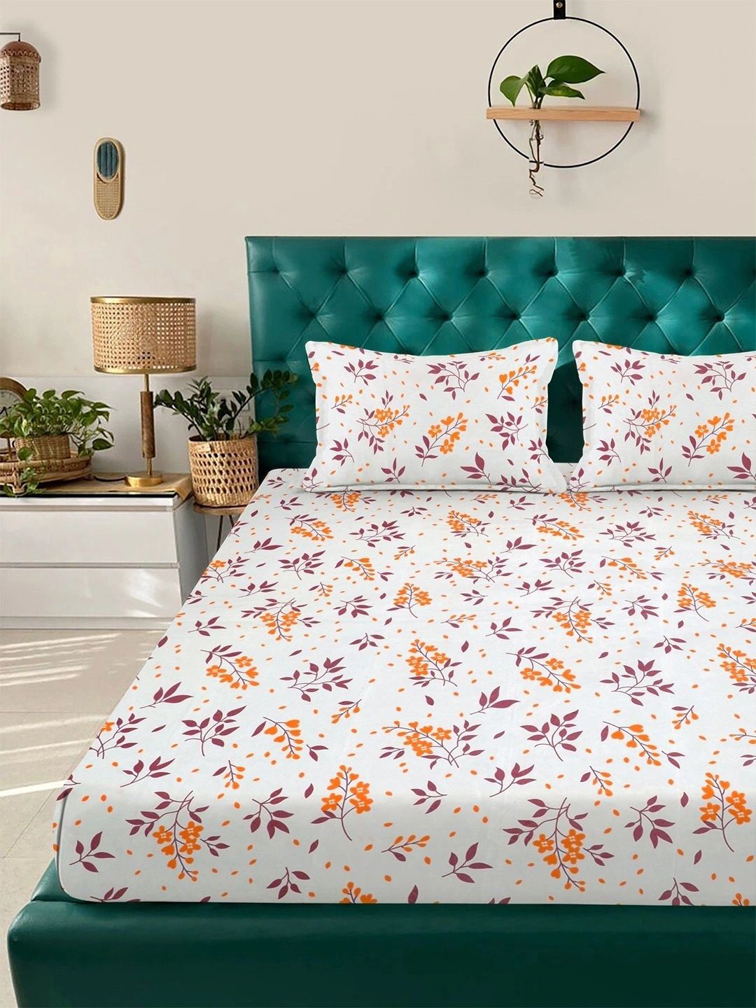Myntra Elegant Homes White Floral 300 TC King Double Bedsheet with 2 Pillow Covers