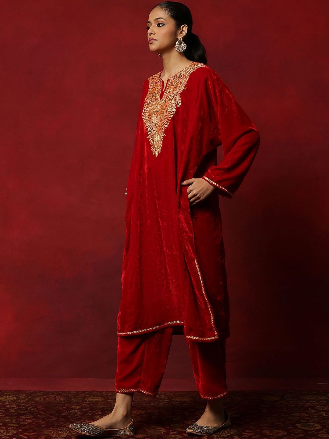 House of Chikankari Women Red Velvet Tilla Embroidered Kurta Set