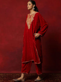 House of Chikankari Women Red Velvet Tilla Embroidered Kurta Set