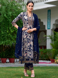 Kalini Floral Printed Thread Work Anarkali kurta dengan Palazzos & Dupatta