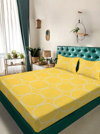 KLOTTHE Yellow Geometric Printed Fitted 300 TC Double King Bedsheet With 2 Pillow Cover