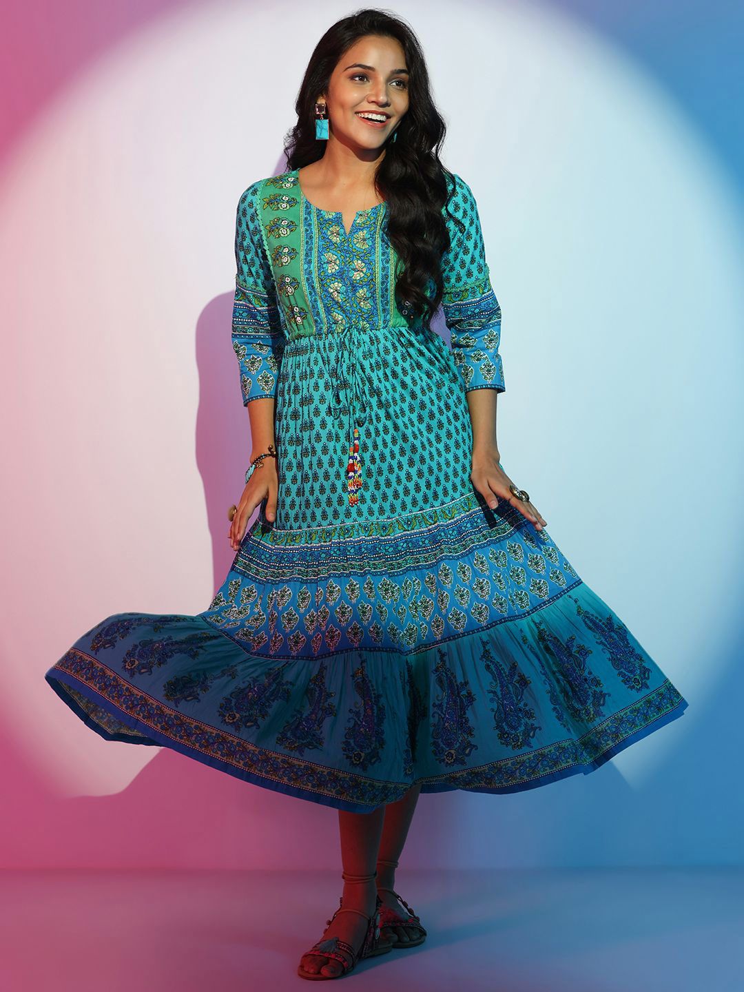 Libas Women Floral Printed Layered Fit & Flare Cotton Midi Dress