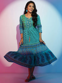 Libas Women Floral Printed Layered Fit & Flare Cotton Midi Dress