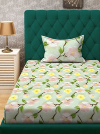 KLOTTHE Green & Pink Floral Printed Flat 300 TC Single 7D Bedsheet With Pillow Cover