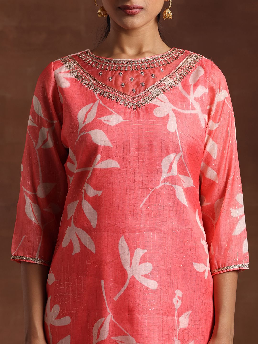 Libas Floral Yoke Design Straight Kurta with Trousers & Dupatta