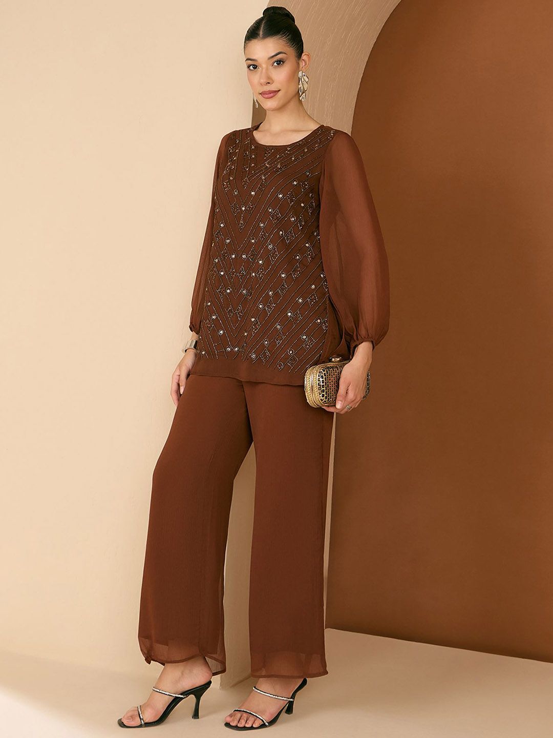 Antheaa Embellished Round Neck Top & Trousers Co-Ords