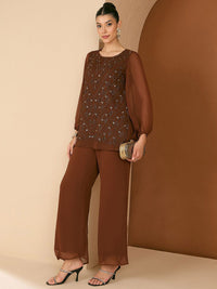 Antheaa Embellished Round Neck Top & Trousers Co-Ords