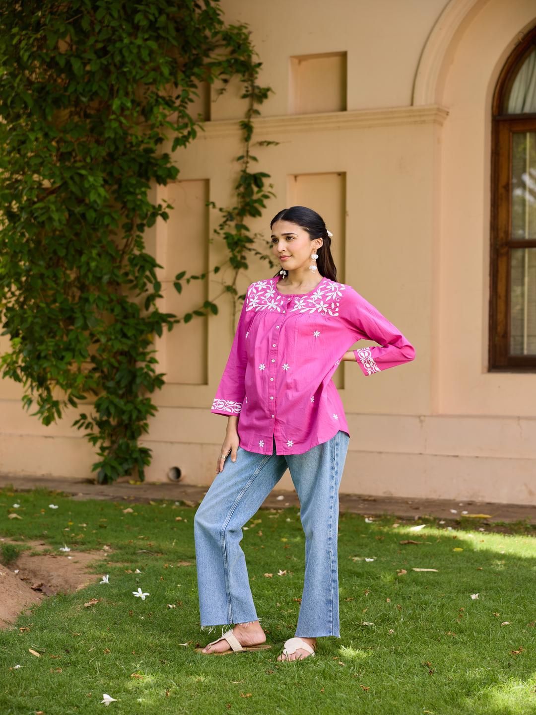 House of Chikankari Women Pink Cotton Chikankari Embroidered Top