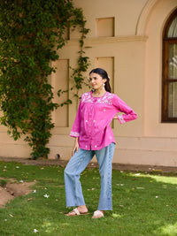 House of Chikankari Women Pink Cotton Chikankari Embroidered Top