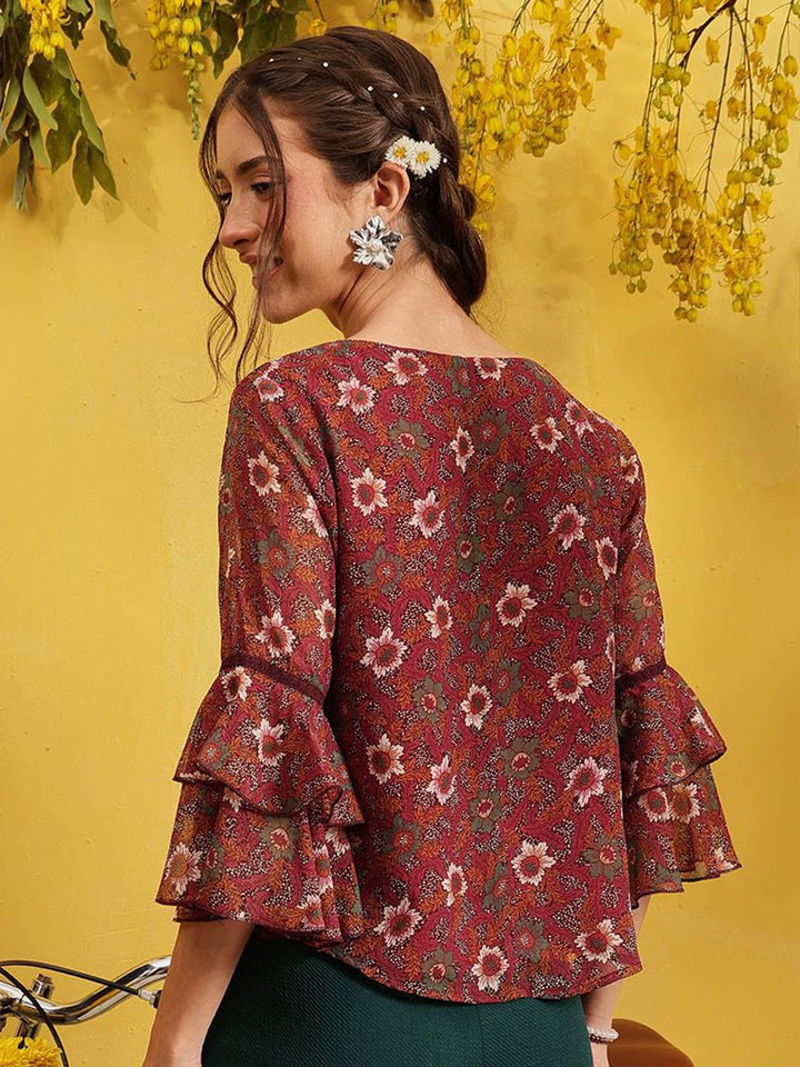 QUIERO Women Floral Printed Bell Sleeves A-Line Top