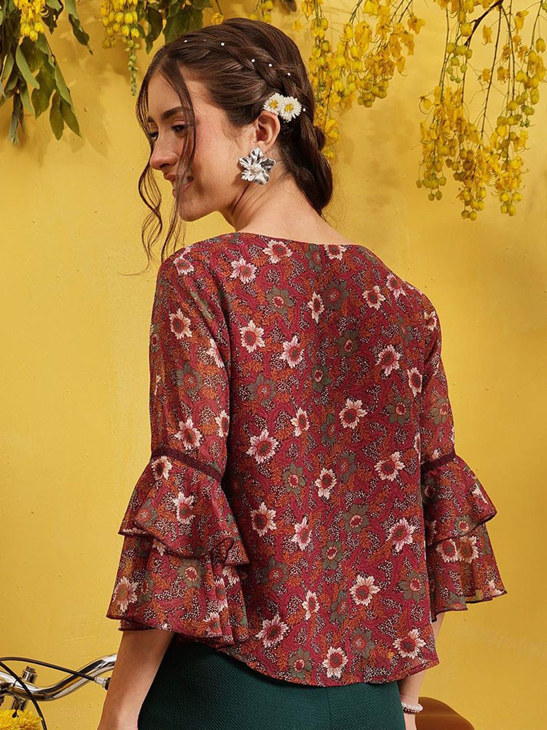 QUIERO Women Floral Printed Bell Sleeves A-Line Top