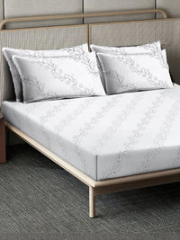 KLOTTHE Off White Printed Flat 400TC Pure Cotton Super King Bedsheet & 4 Pillow Covers