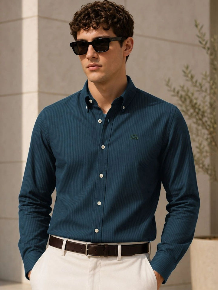 ADRO Men Teal Blue Striped Regular Fit Casual Cotton Shirt