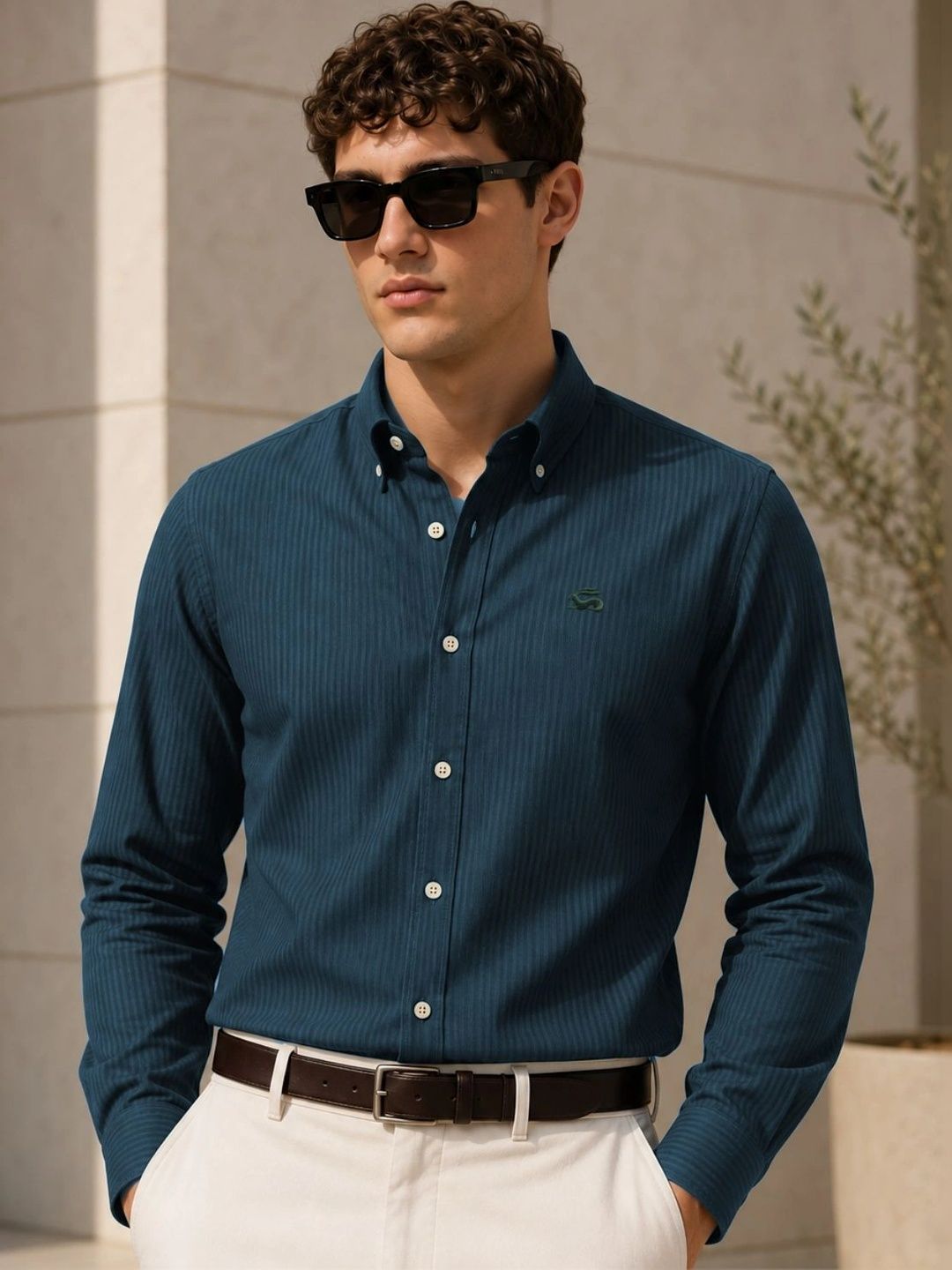 ADRO Men Teal Blue Striped Regular Fit Casual Cotton Shirt
