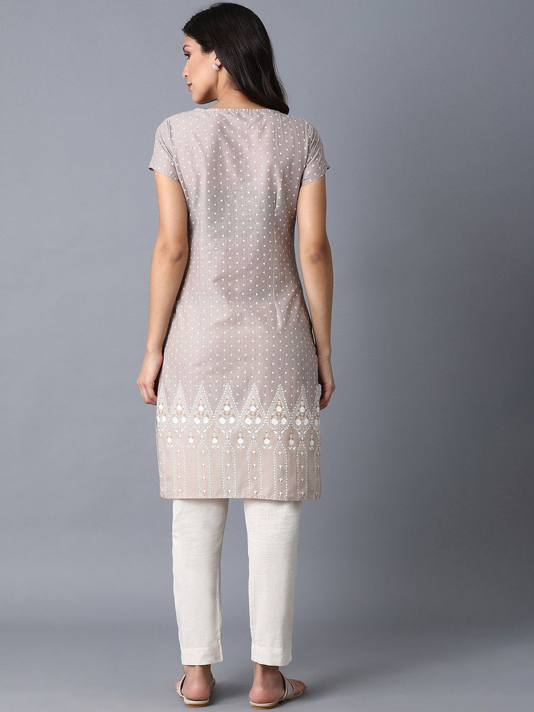 W Women Geometric Printed Keyhole Neck Cotton Straight Kurta
