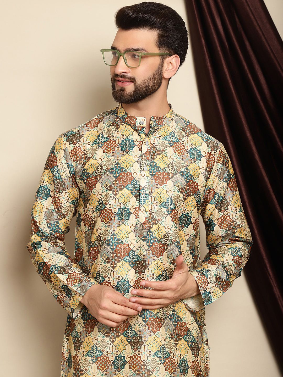 Anouk Ethnic Motifs Printed Band Collar Kurta with Churidar