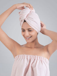 MYTRIDENT Pink Cotton High Absorbency Bath Robe With Head Wrap Set