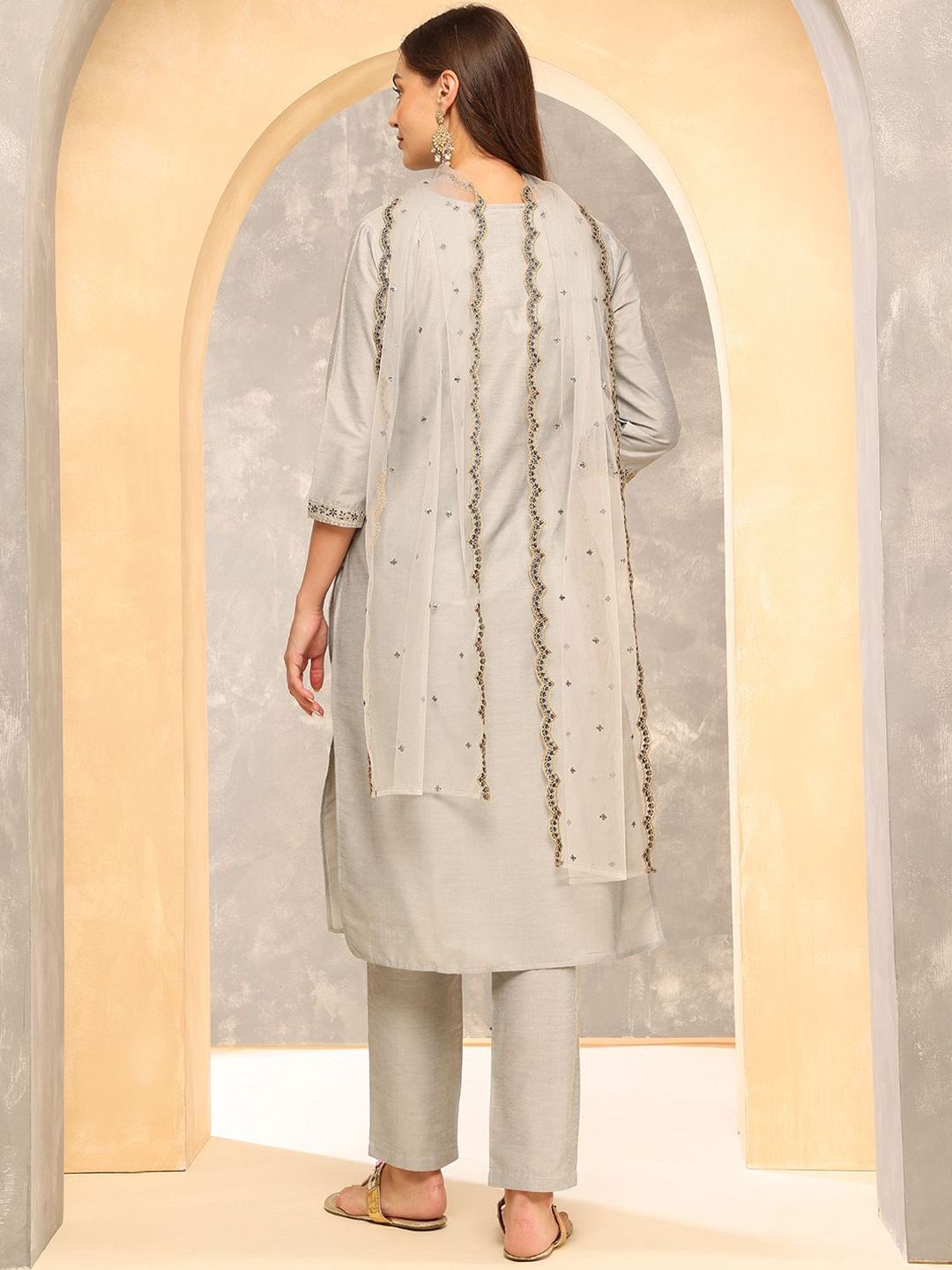 Anouk Grey Floral Embroidered Sequinned Straight Kurta With Trousers & Dupatta